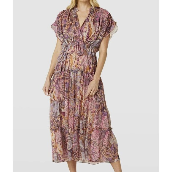 New Misa Women's Purple Ilya Split-Neck Tiered MIDI Dress P3192